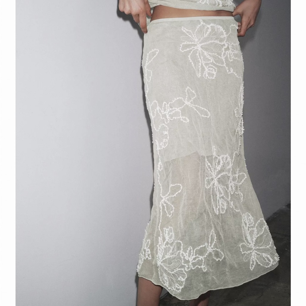 zara sheer embroidered midi skirt